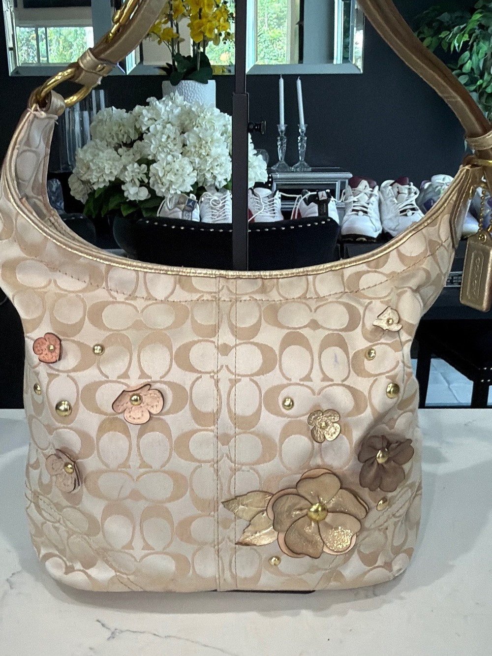 Coach Beige Floral Appliqué Shoulder Bag with Gold Accents